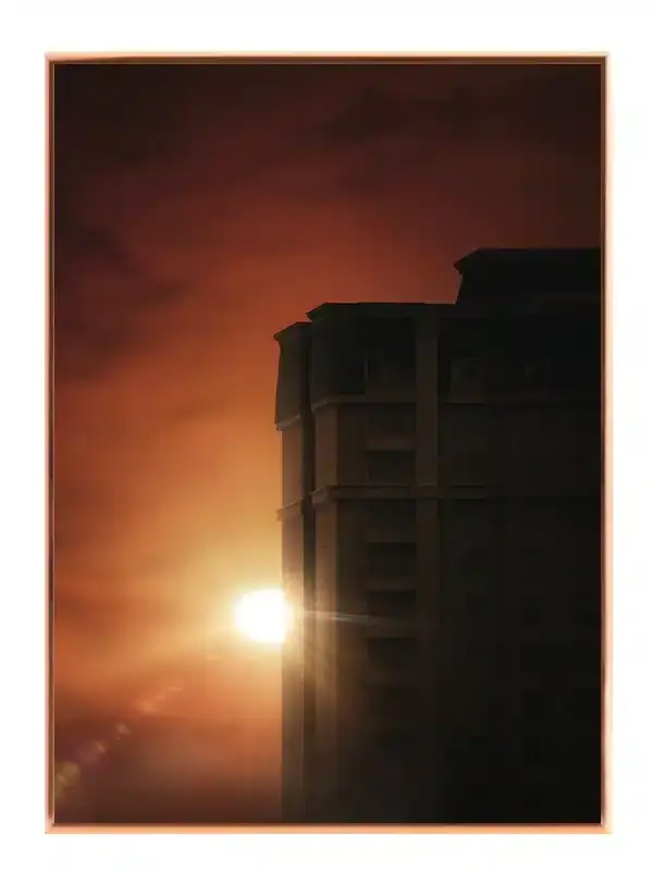 Solnedgang Bag Bygning Plakat