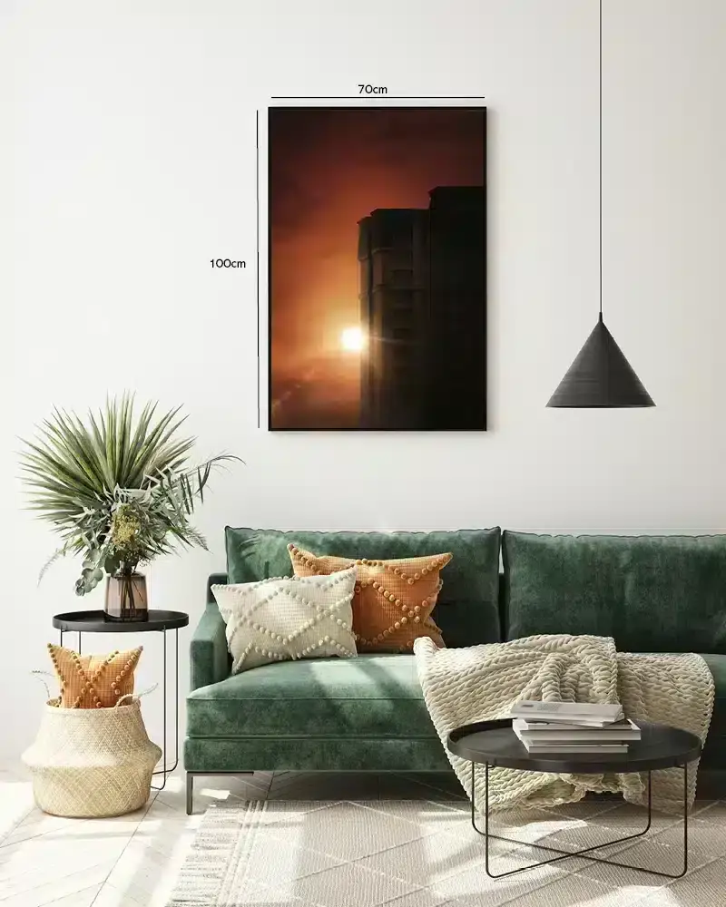 Solnedgang Bag Bygning Plakat