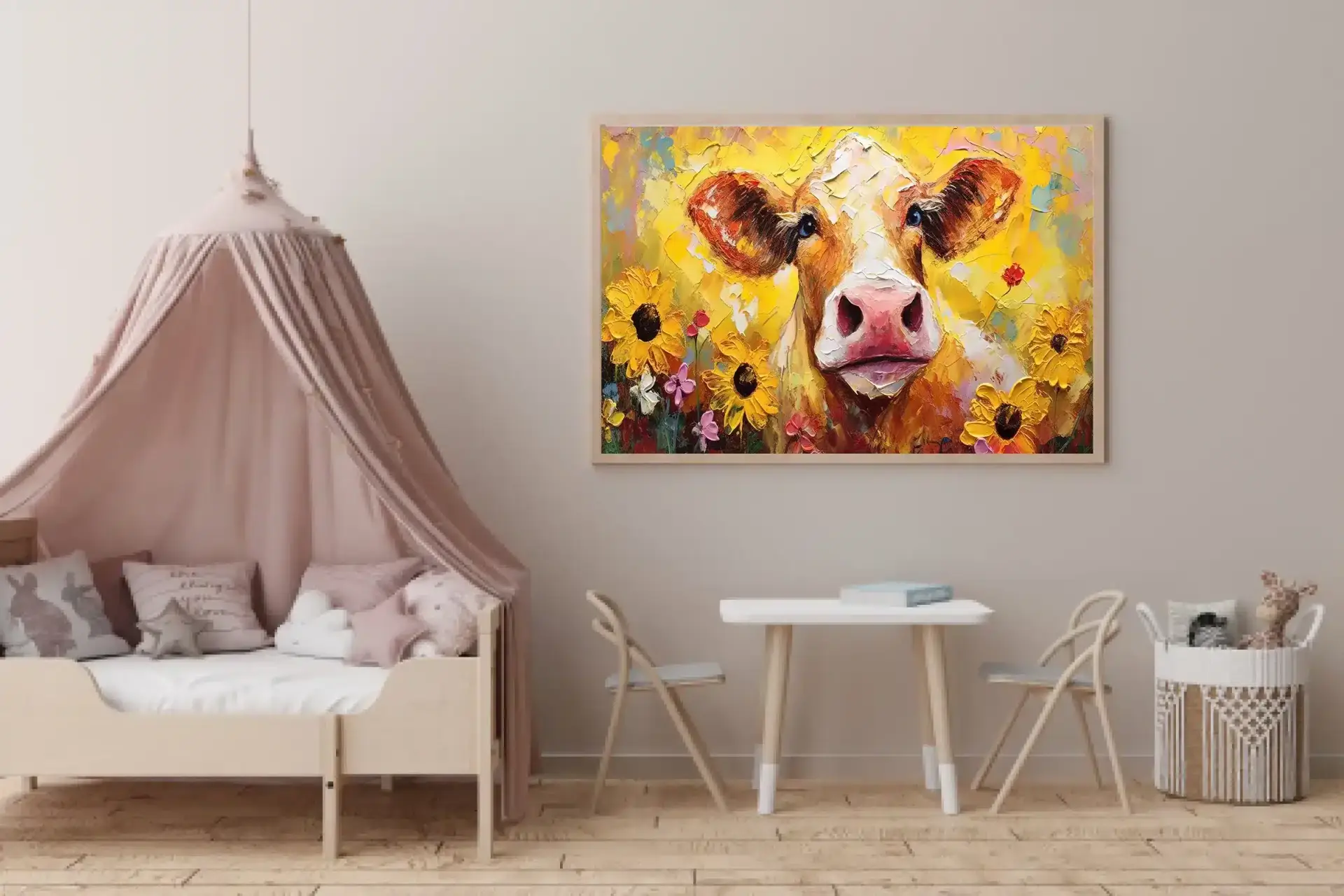 Playful Cow Among Sunflowers Plakat