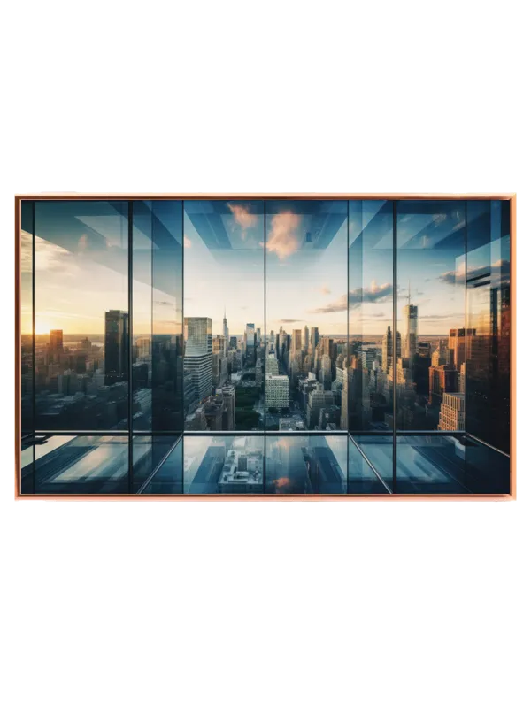 Skyline Gennem Glasfacade ved Solnedgang