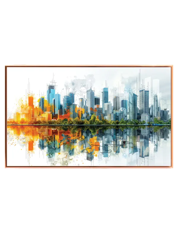 Akvararel Storby Skyline Refleksion