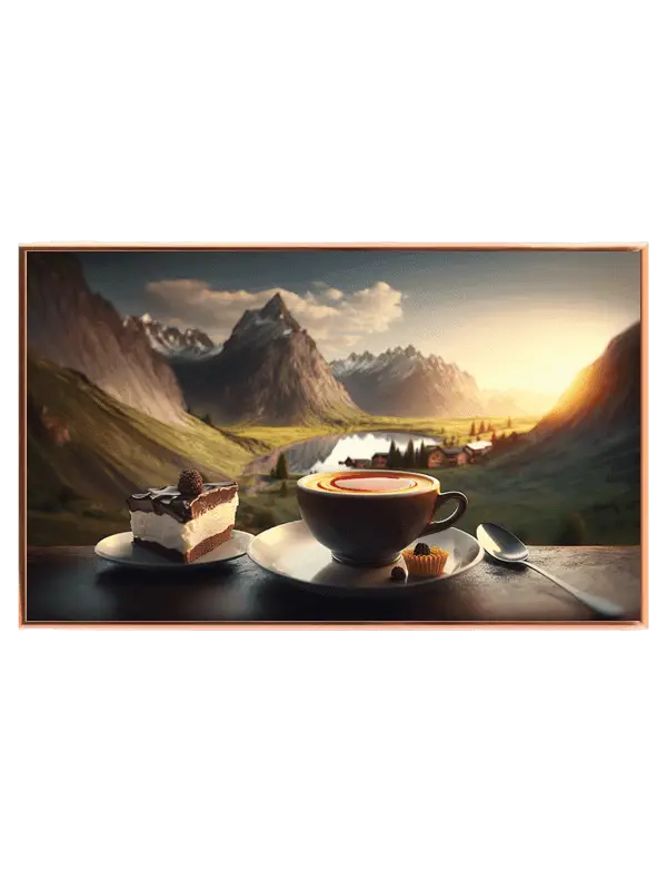 Bjerglandskab kaffekop kage sø med sollys