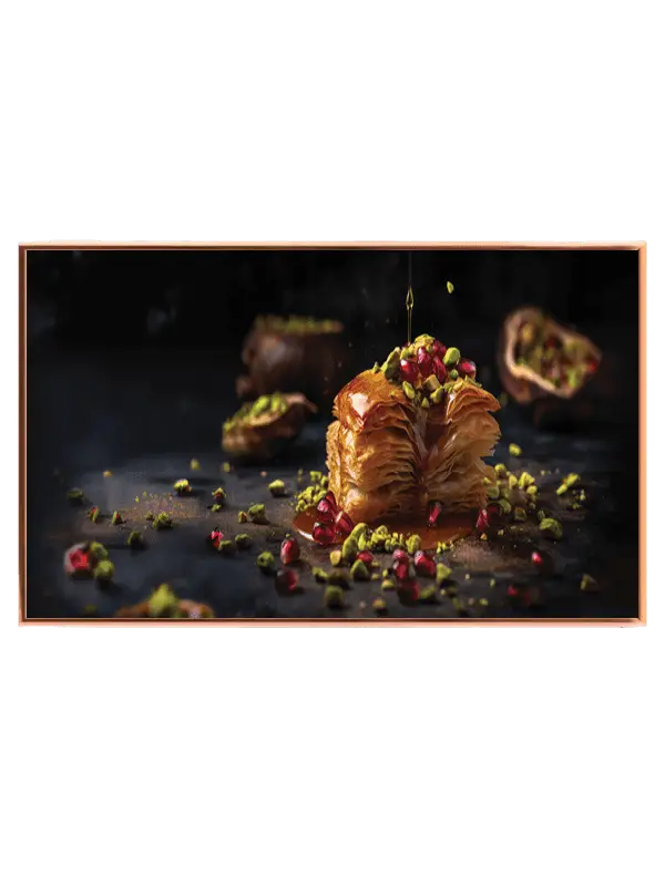 Dessert pistacienødder granatæblekerner sirup med madfotografi