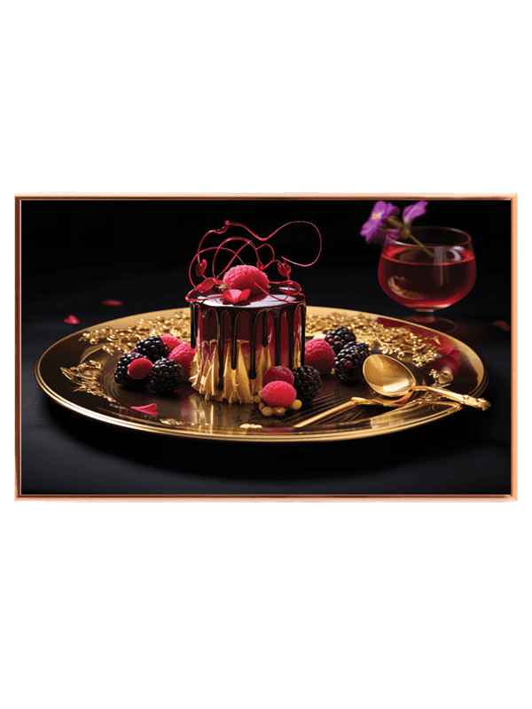 Dessert bær tallerken med chokoladesauce guldbestik