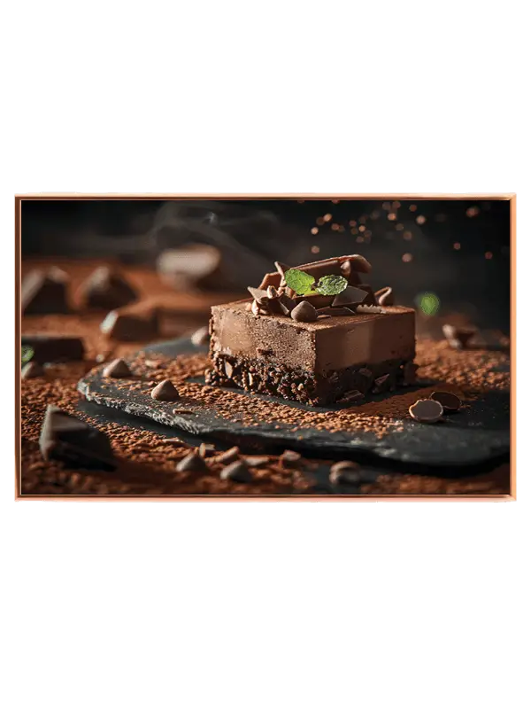 Chokoladekage mynteblad chokoladestykker med krummer skiferplade