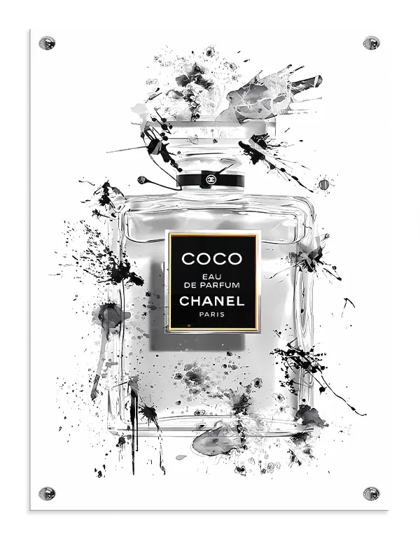 Parfumeflaskeetiketglas med typografiblækstænkakvarel former