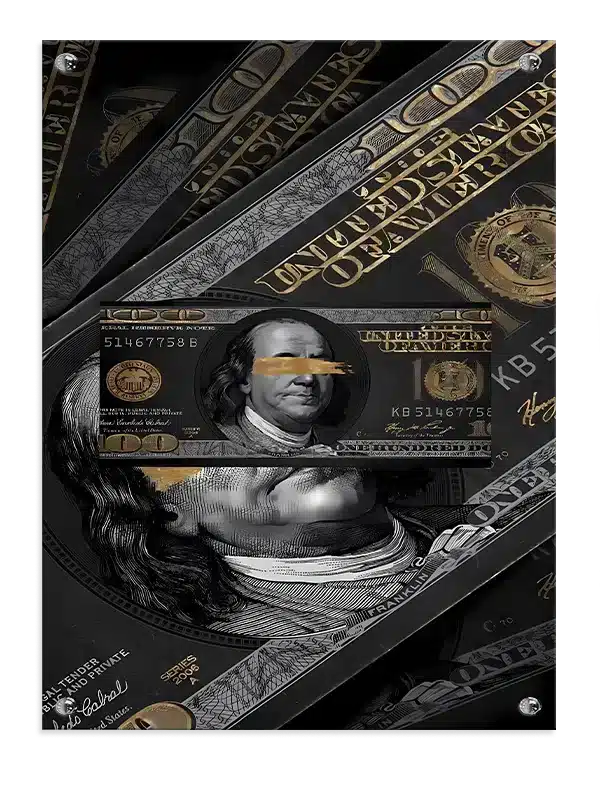 Pengesedlerportrætkrone med collagetypografitekstur