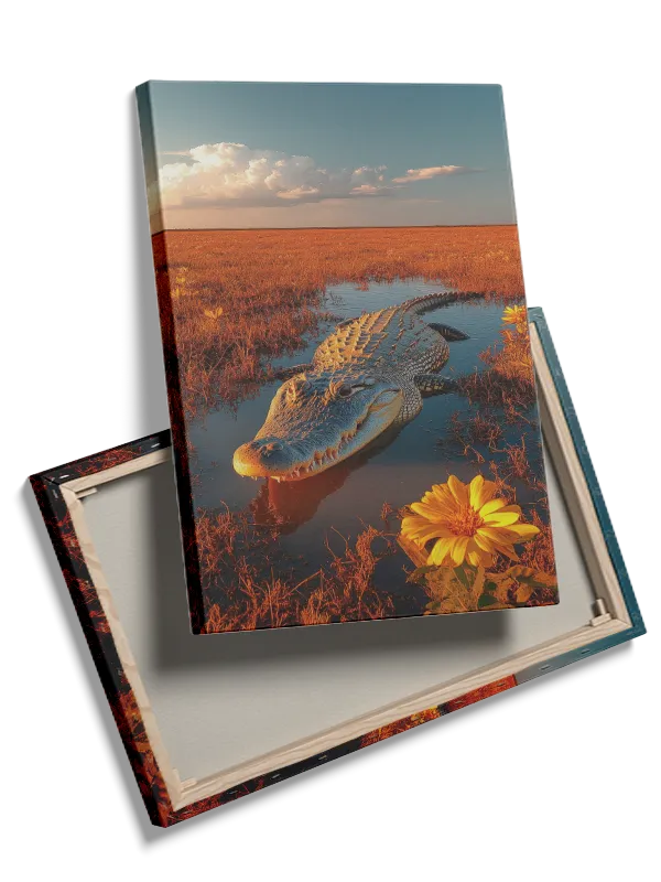 Alligator i gyldent sumplandskab