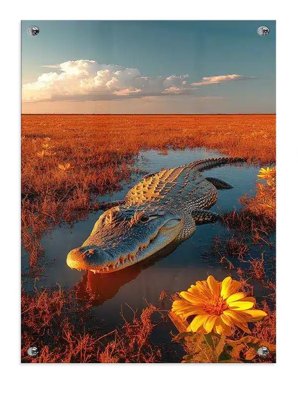 Alligator i gyldent sumplandskab