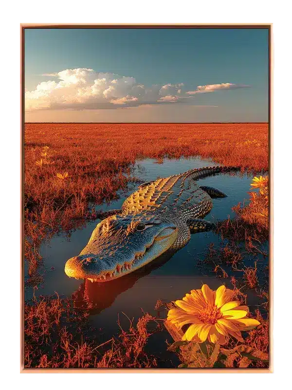Alligator i gyldent sumplandskab