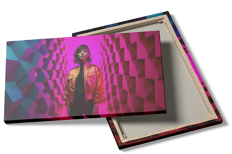Kvinde korridor vægge med neonlys geometri