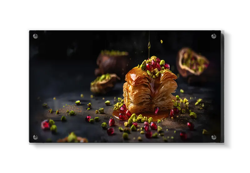 Dessert pistacienødder granatæblekerner sirup med madfotografi