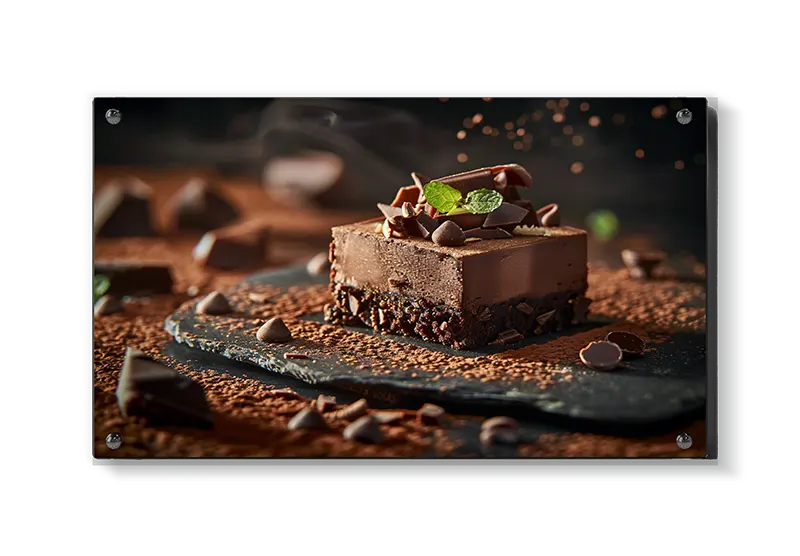 Chokoladekage mynteblad chokoladestykker med krummer skiferplade