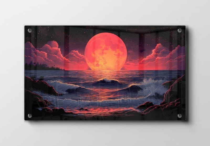 Rød Måne Over Kysten Plakat