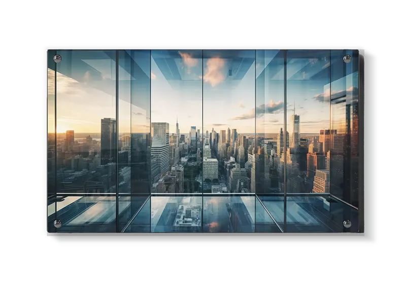 Skyline Gennem Glasfacade ved Solnedgang