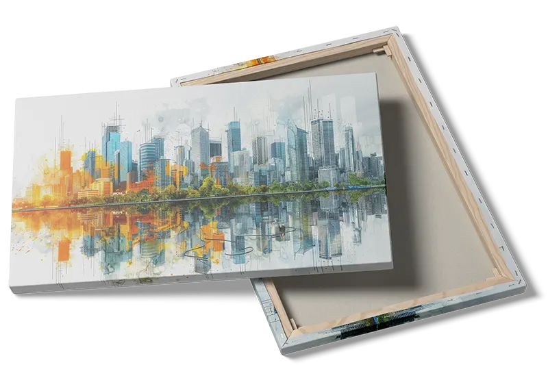 Akvararel Storby Skyline Refleksion