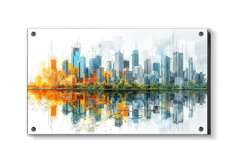 Akvararel Storby Skyline Refleksion