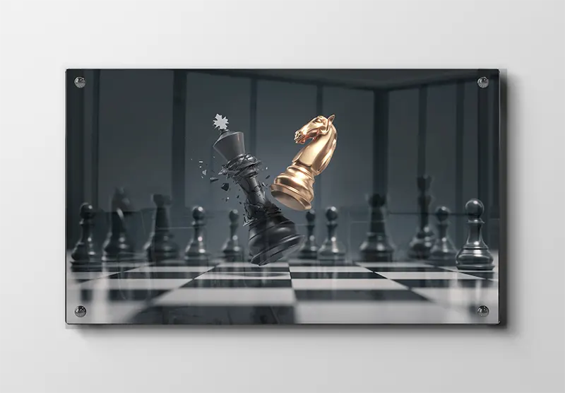 Skakbrikkerskakbrætspringerkonge med 3d-renderingrefleksionerdybdeskarphed mønster
