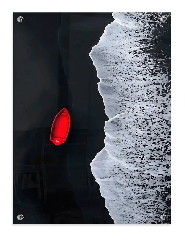 Rød Båd Ved Sort Strand Plakat