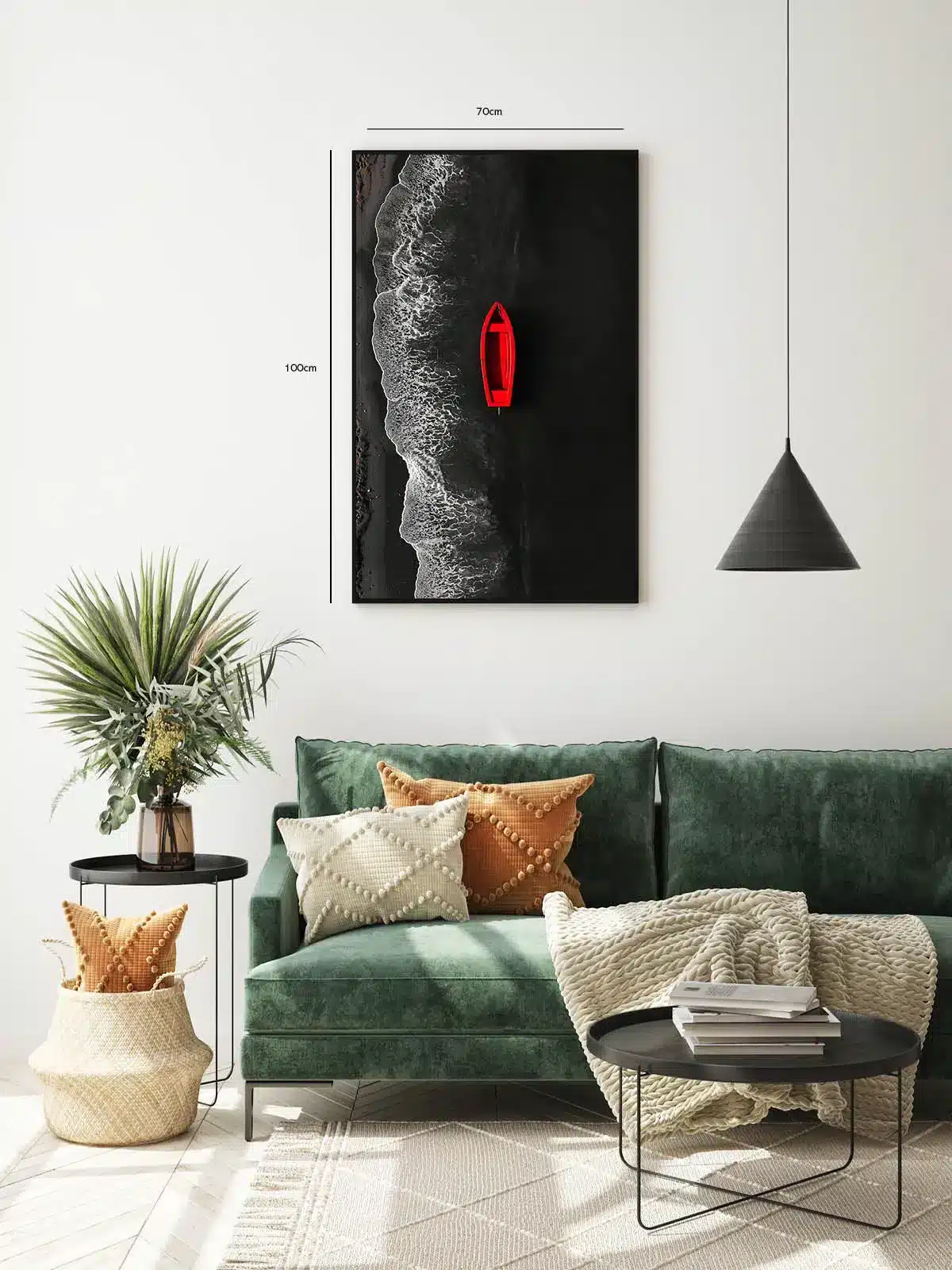 Rød Båd Ved Sort Strand Plakat