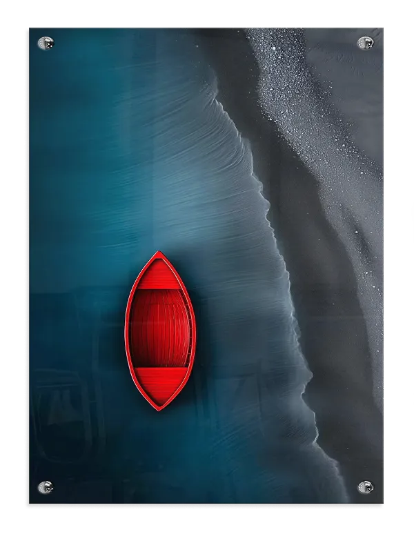 Rød Båd Ved Sort Strand Plakat