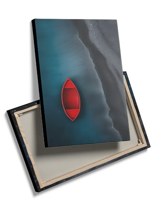 Rød Båd Ved Sort Strand Plakat
