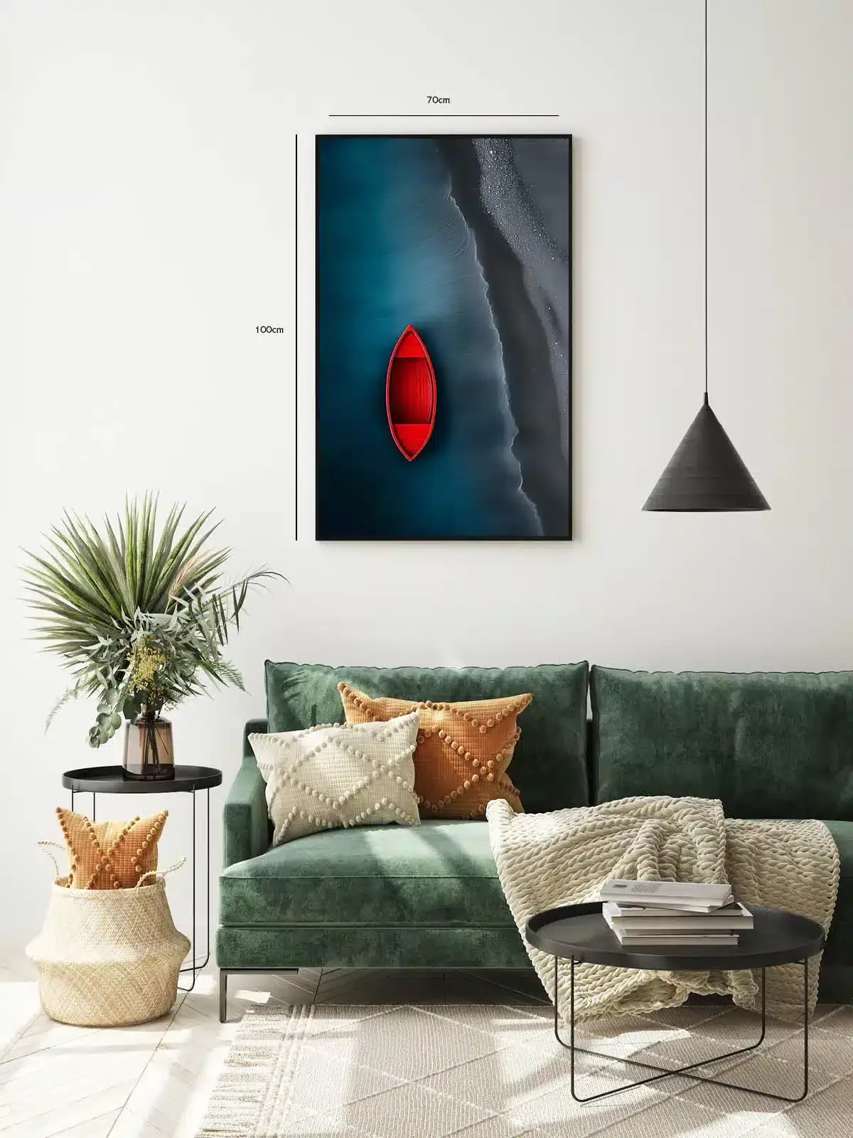 Rød Båd Ved Sort Strand Plakat