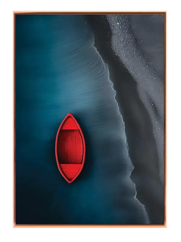 Rød Båd Ved Sort Strand Plakat